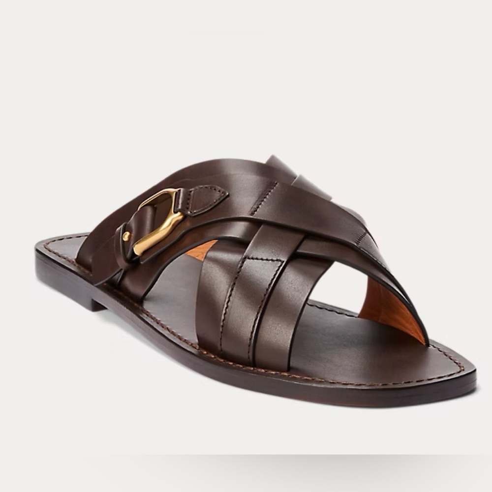 Ralph Lauren Purple Label Welington Calfskin Slide Sandal- Brown NEW $595